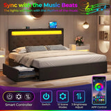 Twin Size Bed Frame with LED Lights and Charging Station